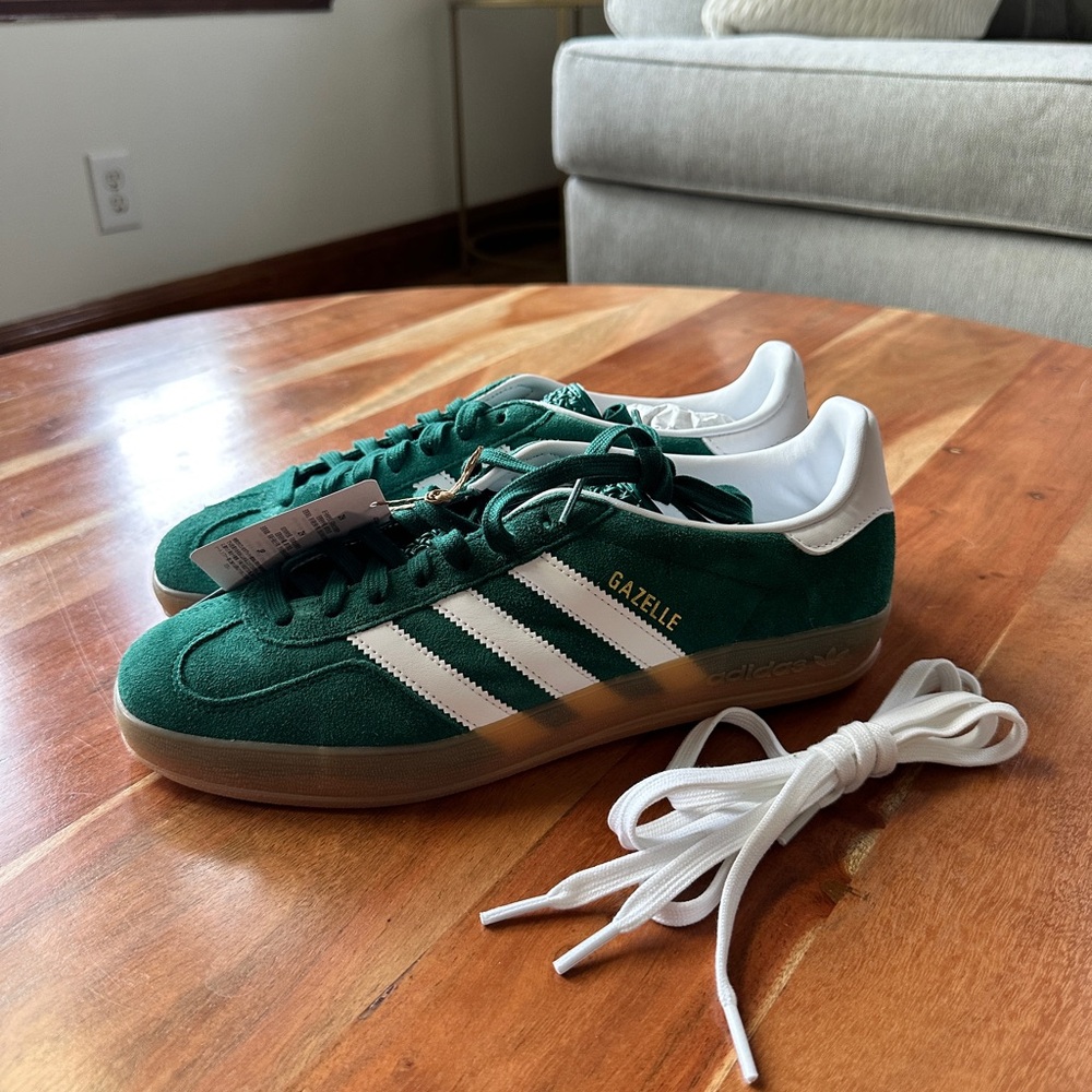 SOLD NWT Adidas Gazelle Green and White Indoor